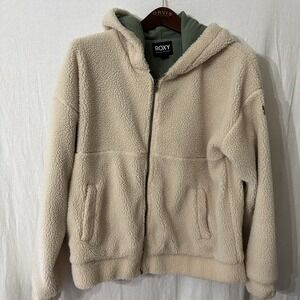 Roxy Women's Sherpa Hooded Jacket Zip Up Beige Size Medium Warm